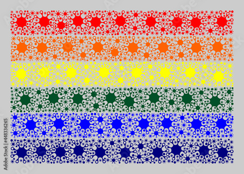 Mosaic LGBT flag constructed with coronavirus icons. Vector coronavirus mosaic LGBT flag designed for lockdown advertisement. Designed for political or patriotic collages.