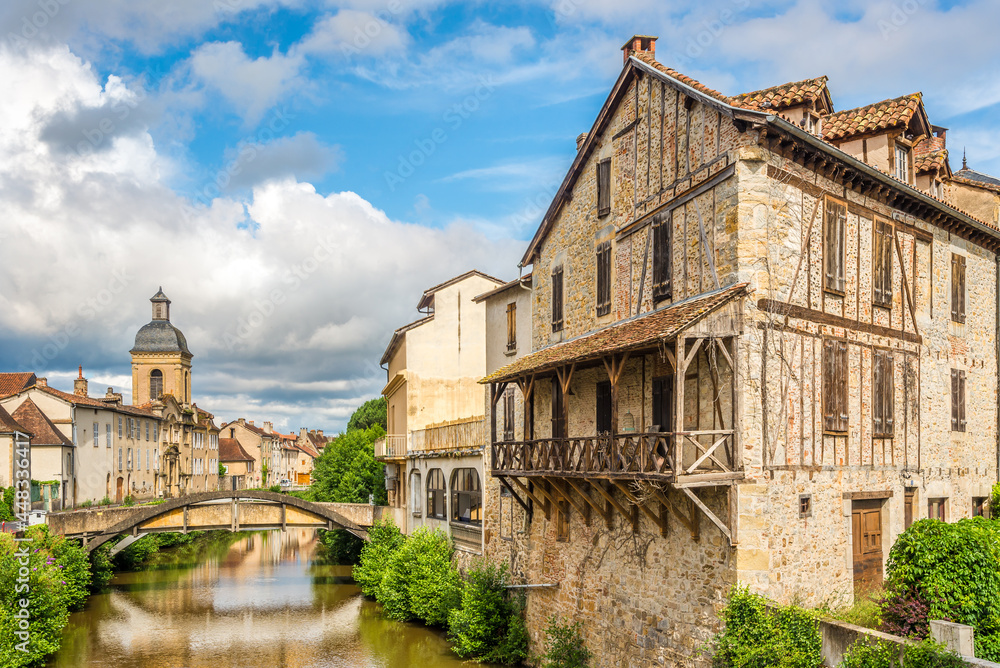View at the banks of Bave river and Recollets Church in Saint Cere town ,France