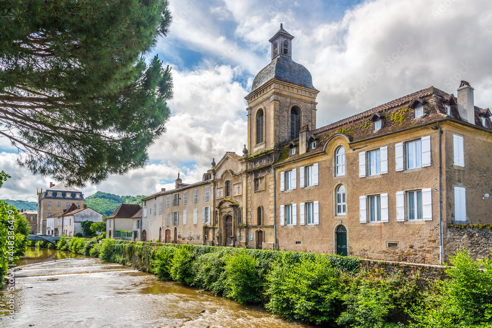 View at the Recollets Church and banks of Bave river in Saint Cere town - France