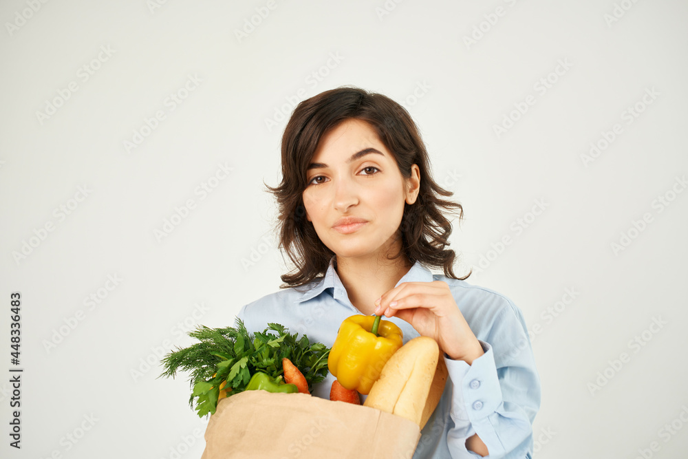 brunette with food package vegetables organic food supermarket brunette with food package vegetables organic food supermarket
