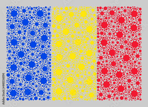 Mosaic Romania flag designed with Covid-2019 items. Vector covid-2019 mosaic Romania flag organized for lockdown illustrations. Designed for political or patriotic purposes.