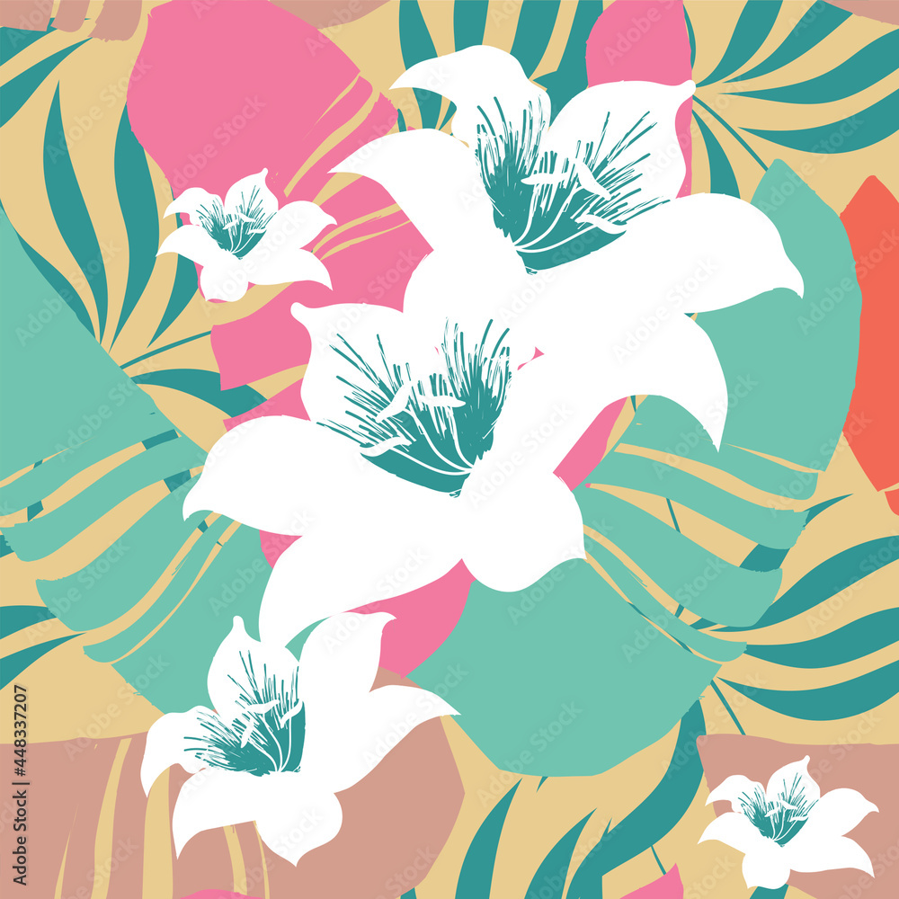 Palm leaves. Seamless pattern with leaves of tropical plants with blooming flowers. Vector floral design. Set. Palm leaves. Seamless pattern with leaves of tropical plants with blooming flowers. Vector floral design. Set.