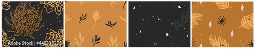 Hand drawn vector abstract flat stock graphic illustration seamless pattern collection set with magic astrology celestial golden moon phases,flowers and stars,contemporary mystic and collage shapes.