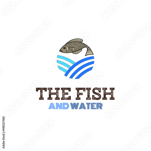 jumping fish and blue water wave in circle shape for fresh raw fillet grilled salmon meat seafood restaurant cartoon mascot logo design vector