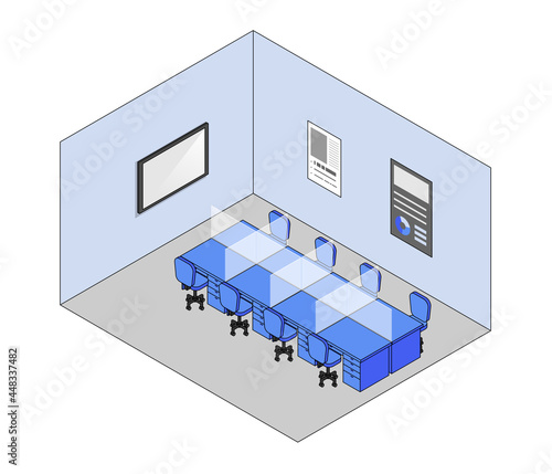 パーテーションとモニターがあるオフィスのアイソメトリックベクターイラスト
