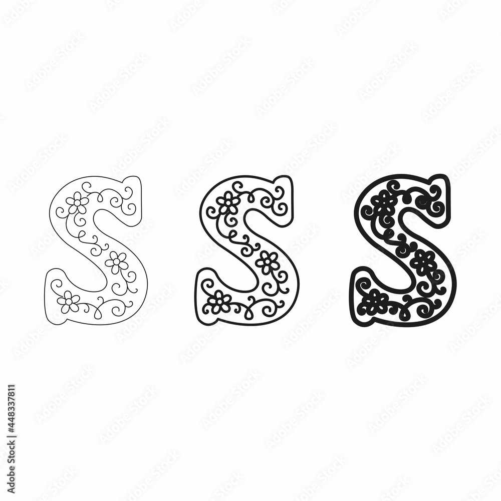 Vector linear letter S. Emblem with the letter S of different thickness. Design element for a logo. Flowers inside the letter. Vector linear letter S. Emblem with the letter S of different thickness. Design element for a logo. Flowers inside the letter.