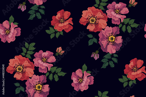 Botanical background with large open rosehip buds, leaves. Seamless floral pattern on a dark background. Vector.