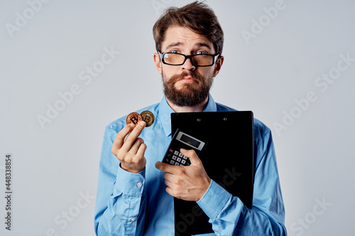 rational man in blue shirt cryptocurrency electronic money technology internet