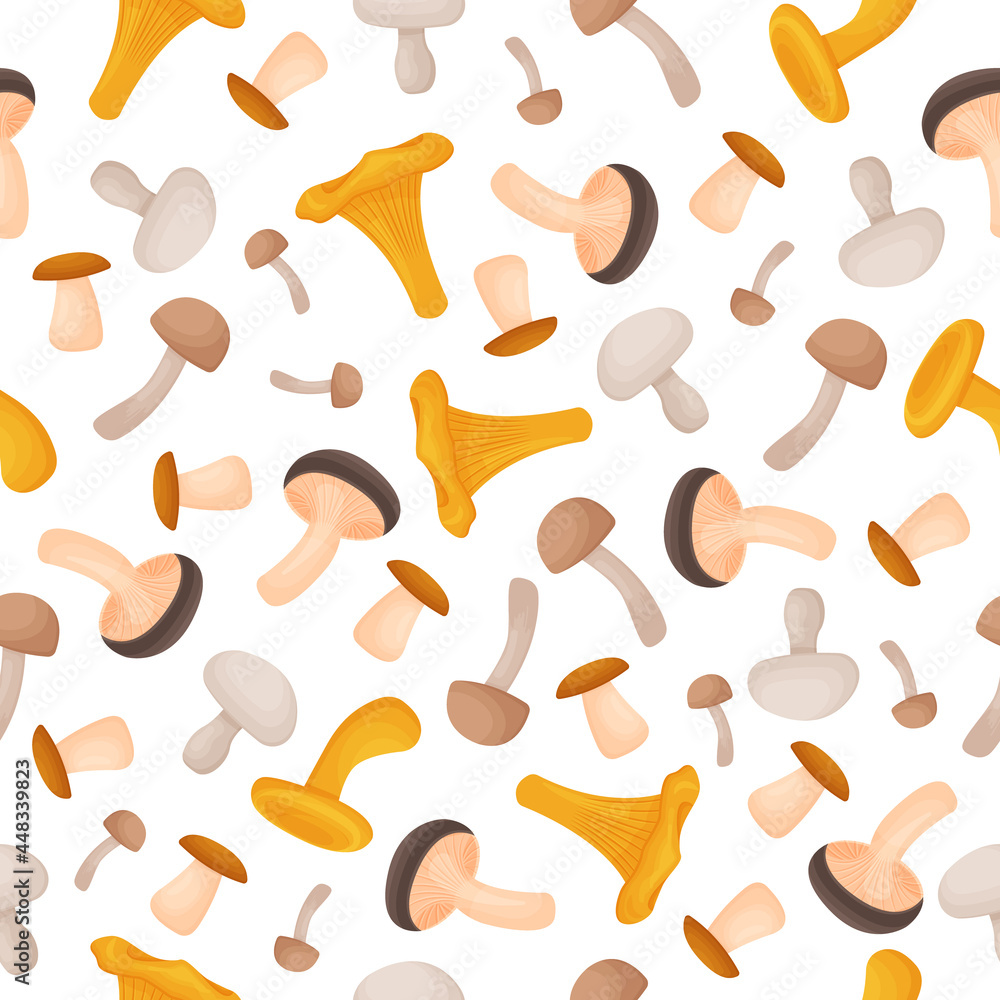 A bright autumn seamless pattern with the image of ripe edible mushrooms of various shapes and colors. Mushroom pattern for the print.Vector illustration on a white background A bright autumn seamless pattern with the image of ripe edible mushrooms of various shapes and colors. Mushroom pattern for the print.Vector illustration on a white background