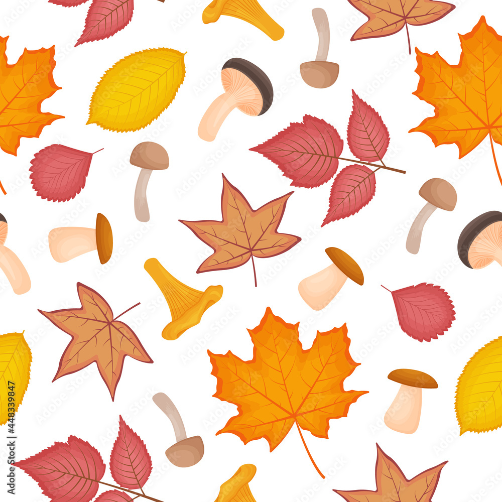 Obraz premium Bright autumn seamless pattern with the image of ripe edible mushrooms of various shapes and yellowed autumn leaves of maple, birch, poplar, liquidambara leaves.Vector illustration