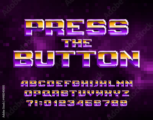Press the Button alphabet font. Pixel letters and numbers in 80s video game style. Stock vector typeface.