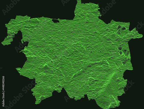 Topographic military radar tactical map of Hanover, Germany with emerald green contour lines on dark green background