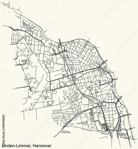 Black simple detailed street roads map on vintage beige background of the quarter Linden-Limmer district of Hanover  Germany
