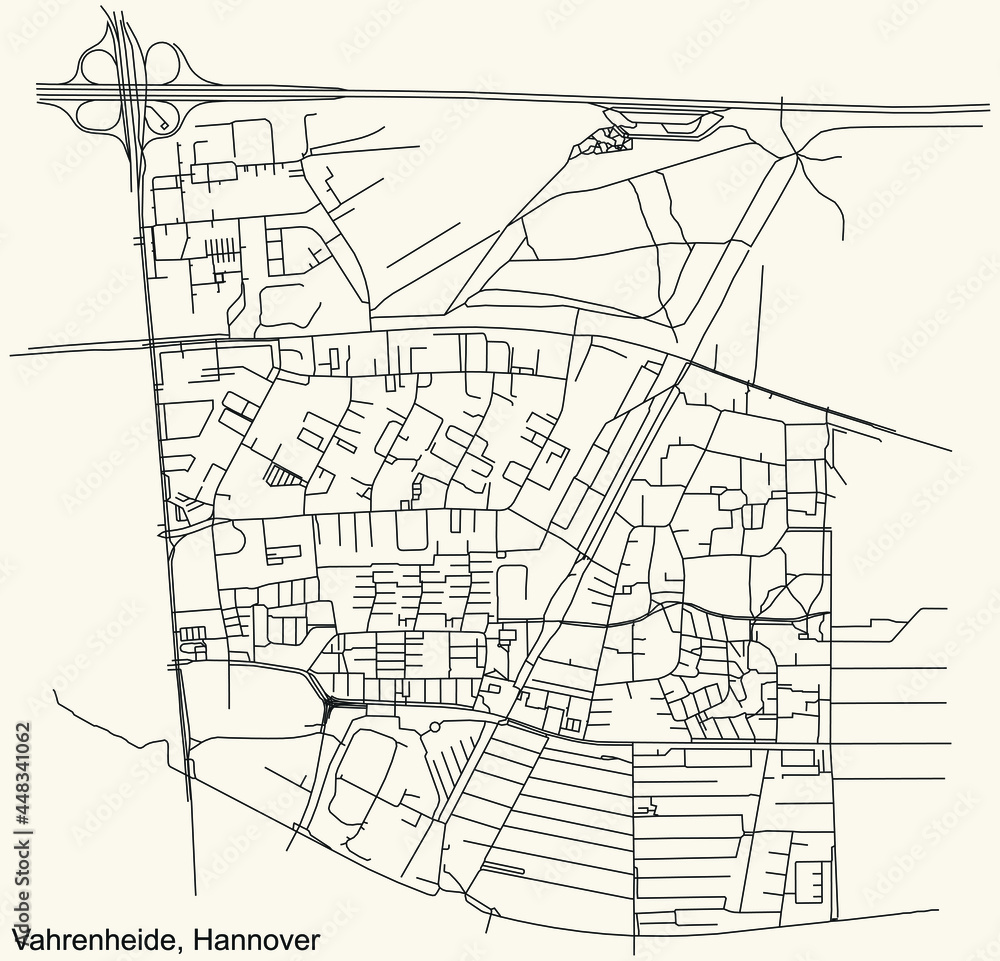 Black simple detailed street roads map on vintage beige background of the quarter Vahrenheide borough district of Hanover, Germany