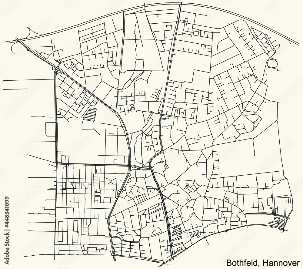 Black simple detailed street roads map on vintage beige background of the quarter Bothfeld borough district of Hanover, Germany
