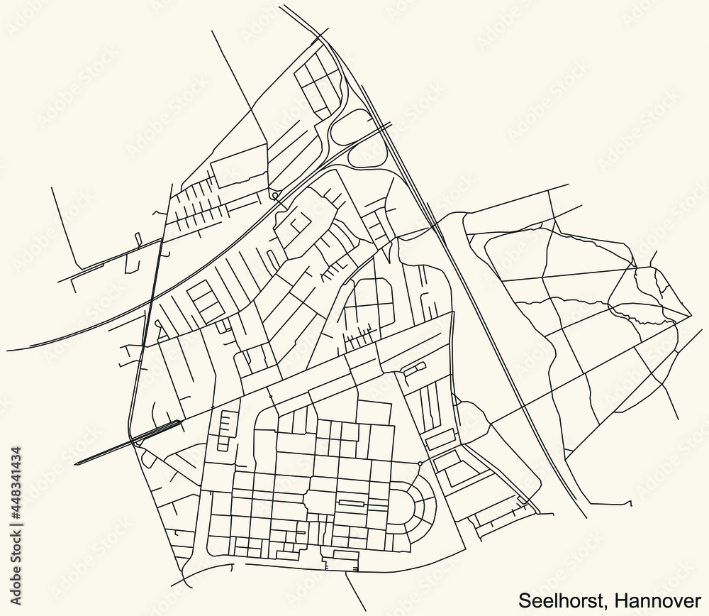 Black simple detailed street roads map on vintage beige background of the quarter Seelhorst borough district of Hanover, Germany