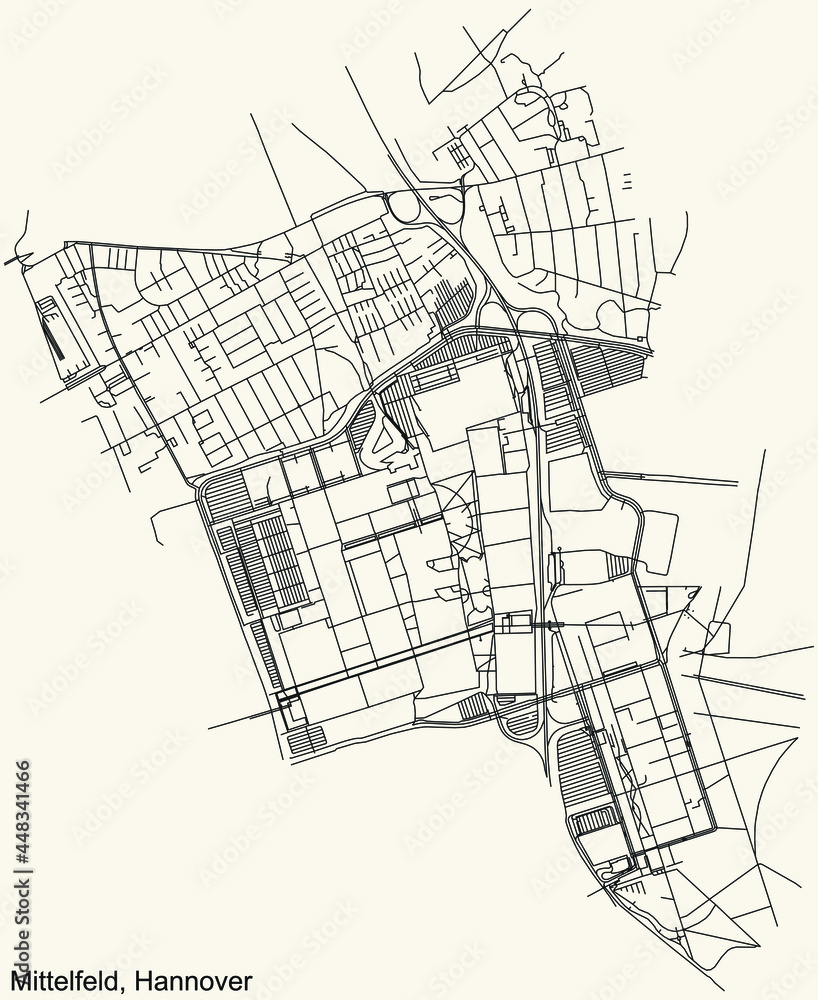 Black simple detailed street roads map on vintage beige background of the quarter Mittelfeld borough district of Hanover, Germany