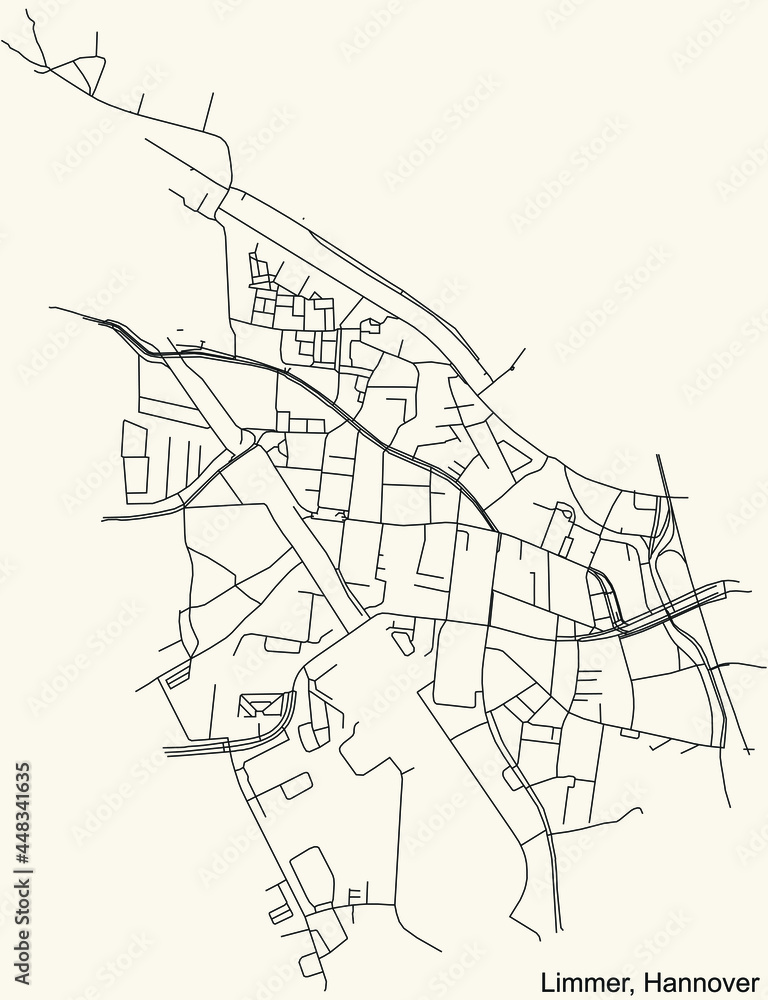Black simple detailed street roads map on vintage beige background of the quarter Limmer borough district of Hanover, Germany