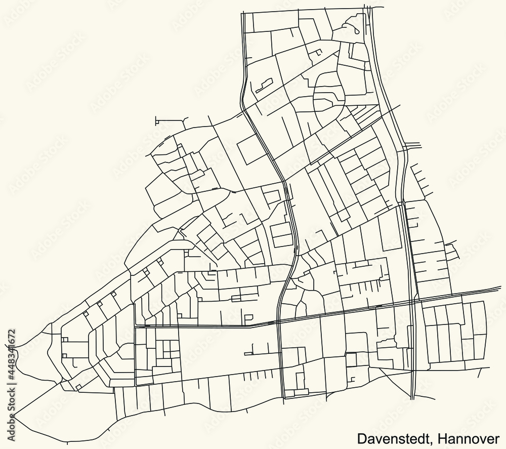 Black simple detailed street roads map on vintage beige background of the quarter Davenstedt borough district of Hanover, Germany