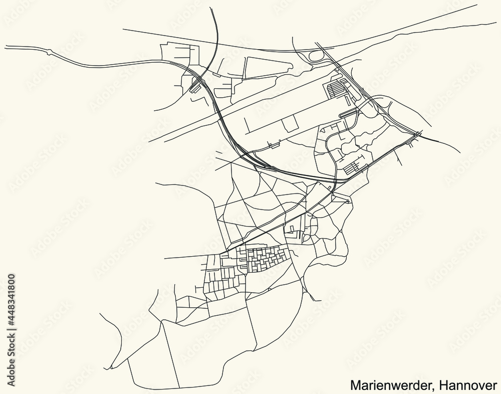 Black simple detailed street roads map on vintage beige background of the quarter Marienwerder borough district of Hanover, Germany