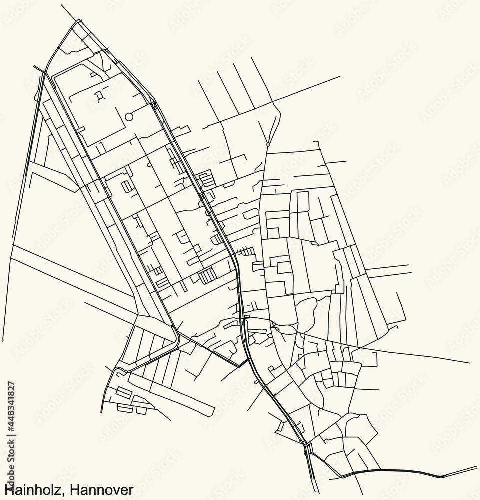 Black simple detailed street roads map on vintage beige background of the quarter Hainholz borough district of Hanover, Germany