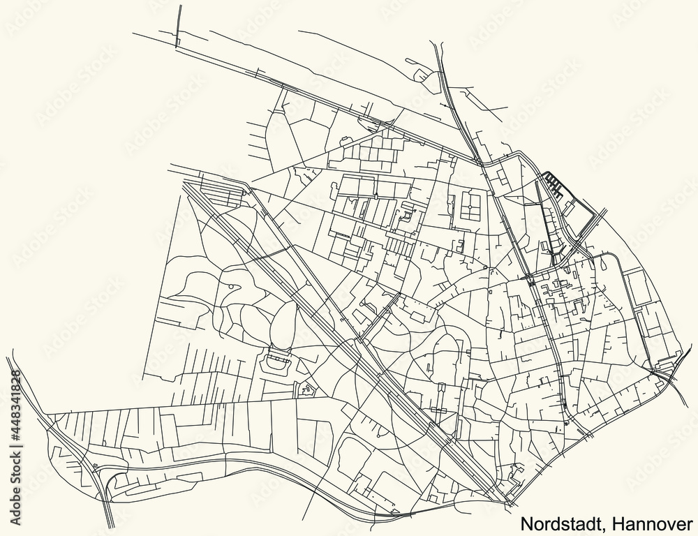 Black simple detailed street roads map on vintage beige background of the quarter Nordstadt borough district of Hanover, Germany