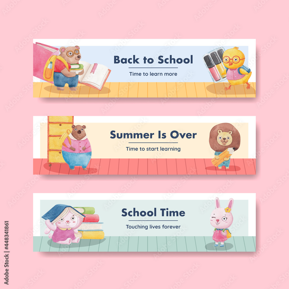 Banner template with back to school and cute animals concept,watercolor style