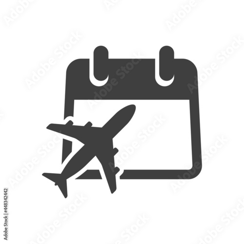 Reserva de viajes. Icono plano silueta de calendario con aeroplano en color gris