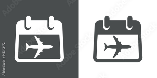 Reserva de viajes. Icono plano silueta de calendario con aeroplano en fondo gris y fondo blanco