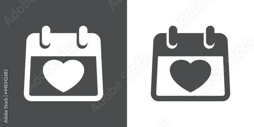 Día de san Valentín. Icono plano con silueta corazón en calendario sencillo en fondo gris y fondo blanco