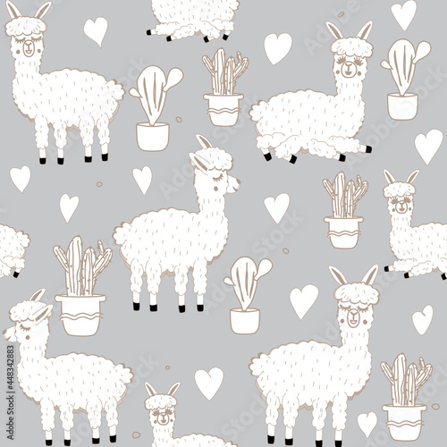 Vector illustration of Sweet Llama or alpaca and cactus. Seamless pattern of Hand draw llama. South america's llama illustration pattern for fabric, wallpaper, for kids goods. Cute Alpaca.