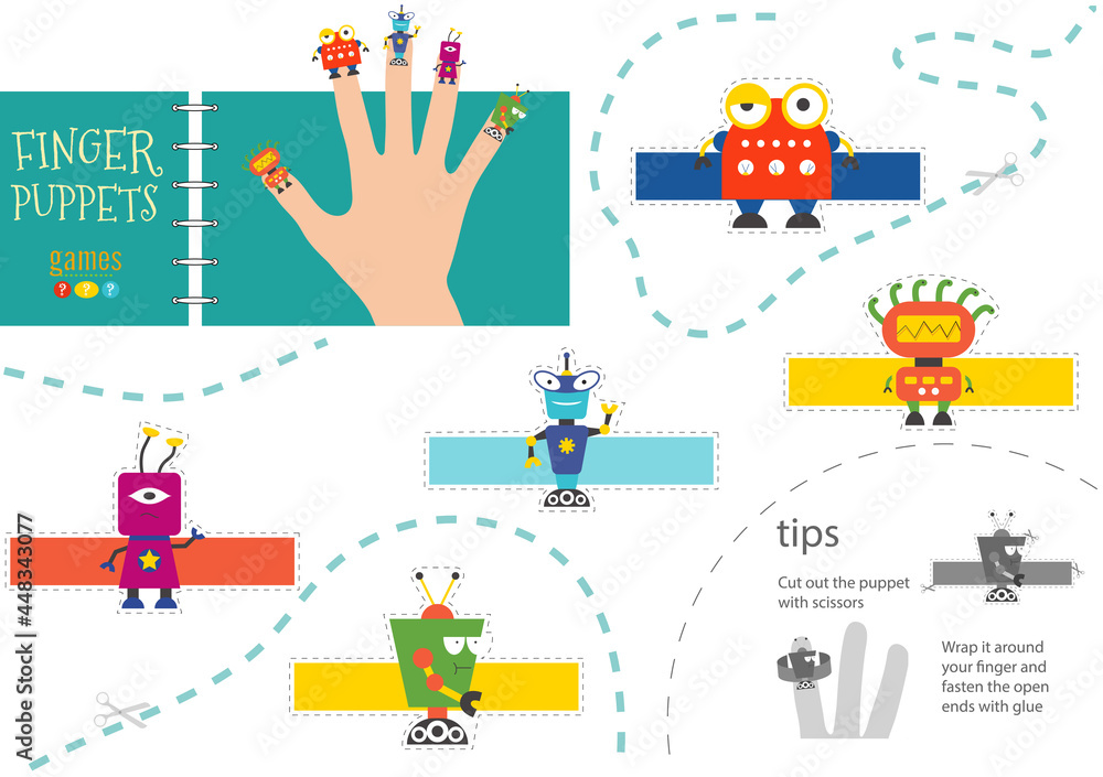 Vector robotics as finger puppets. Cut and glue activity for preschool kids