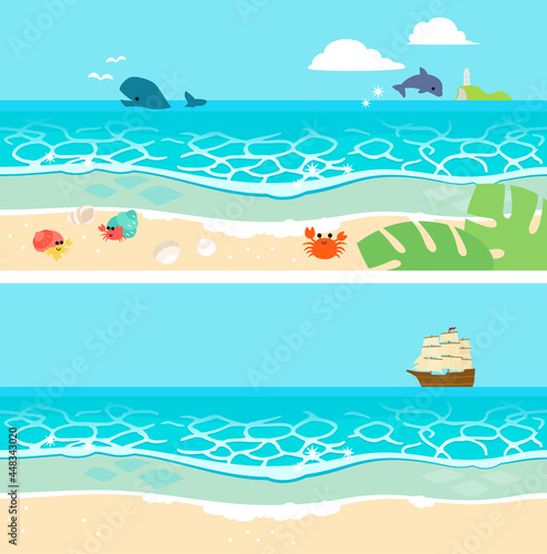 生き物がいる砂浜と海のバナー背景イラスト