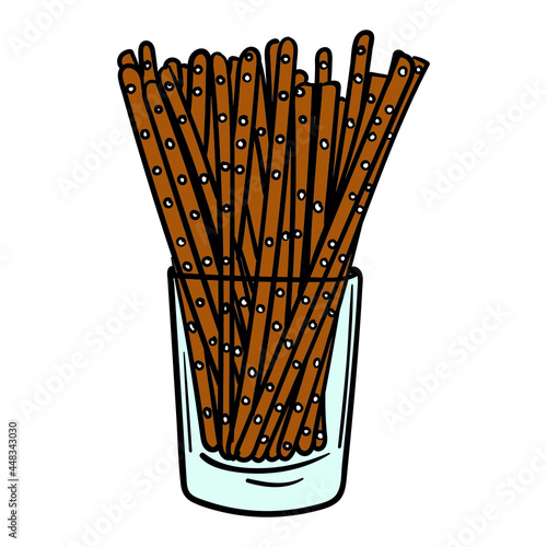 glass with salt sticks. comic drawing isolated on white.