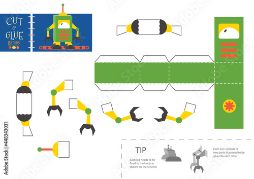 Cut and glue robot toy vector illustration, worksheet.
