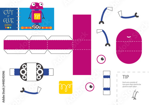 Cut and glue robot toy vector illustration. Paper craft and diy riddle with funny robotic character for preschool kids