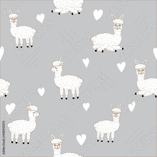 Vector illustration of Sweet Llama or alpaca and cactus. Seamless pattern of Hand draw llama. South america's llama illustration pattern for fabric, wallpaper, for kids goods. Cute Alpaca.