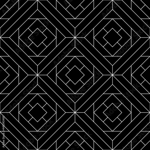 Seamless vector pattern.
Geometric tiles background with square and triangles shapes.
Black and white tilling texture.