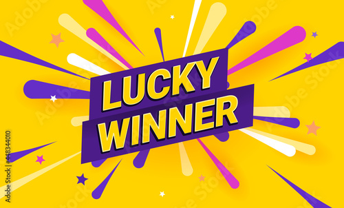 Lucky winner celebration illustration. Rich violet background with text you won and fireworks and stars on the background. Template banner for website, mailing or print. photo