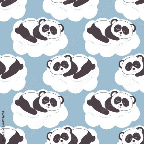 panda sleeping on a cloud seamless pattern. hand drawn doodle. vector, minimalism. nursery animal, cute decor for kids room. newborn, wallpaper, textile, wrapping paper.