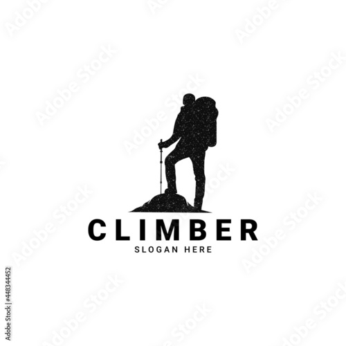 climber logo, this logo is inspired by a climber who is climbing a mountain