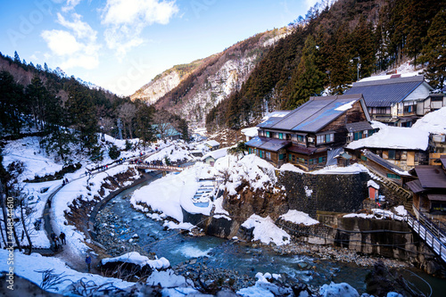 Winter waterway, the way up to see the snow monkeys in Hakodate, Hokkaido, Japan. Feb 4, 2019. © Thirawatana