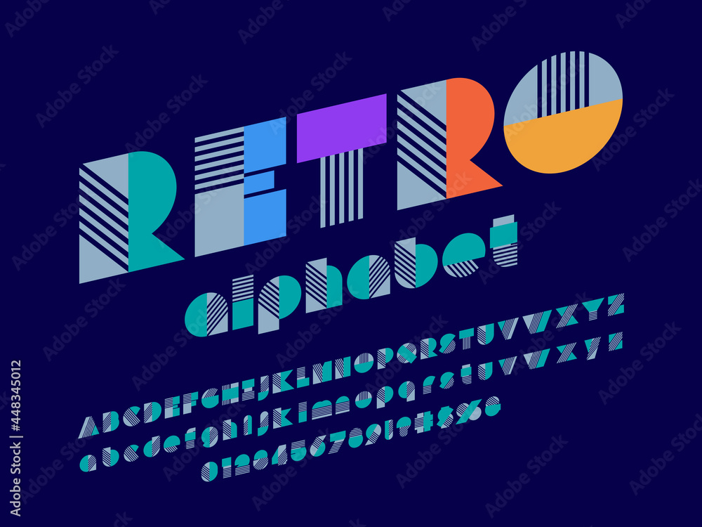 Art deco style alphabet design with uppercase, lowercase, numbers and
