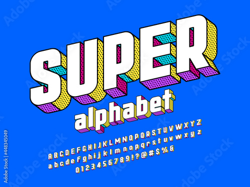 Comic 3d display style alphabet design with uppercase, lowercase, numbers and symbols