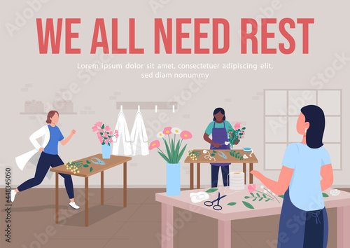Creative hobby break poster flat vector template. We all need rest. Brochure, booklet one page concept design with cartoon characters. Solving physician burnout flyer, leaflet with copy space