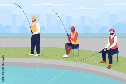 Amateur fishing competition flat color vector illustration. Professional fishermen. Tournament for amateur anglers. Ambitious fishing enthusiasts 2D cartoon characters with cityscape on background