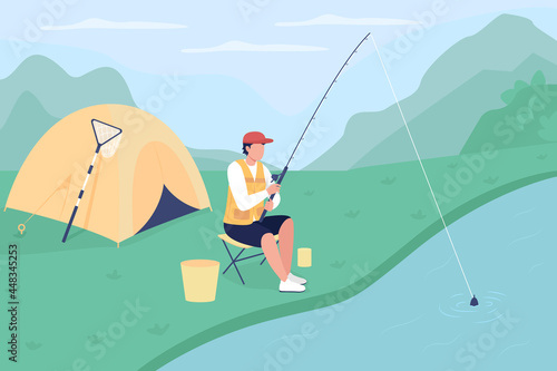 Lake fishing flat color vector illustration. Summer fishing destination. Travel experience. Camping spot. Professional fisherman 2D cartoon character with forest landscape on background