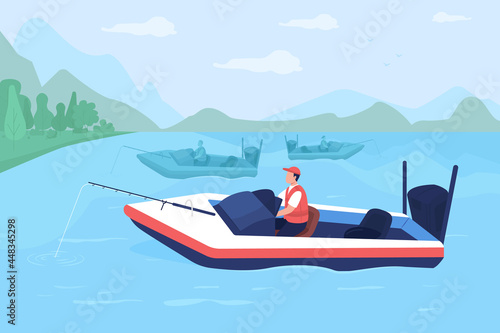 Fishing tournament in boats flat color vector illustration. Competing for winning cash prize. Young, inexperienced angler 2D cartoon character with lake landscape and powerboats on background photo