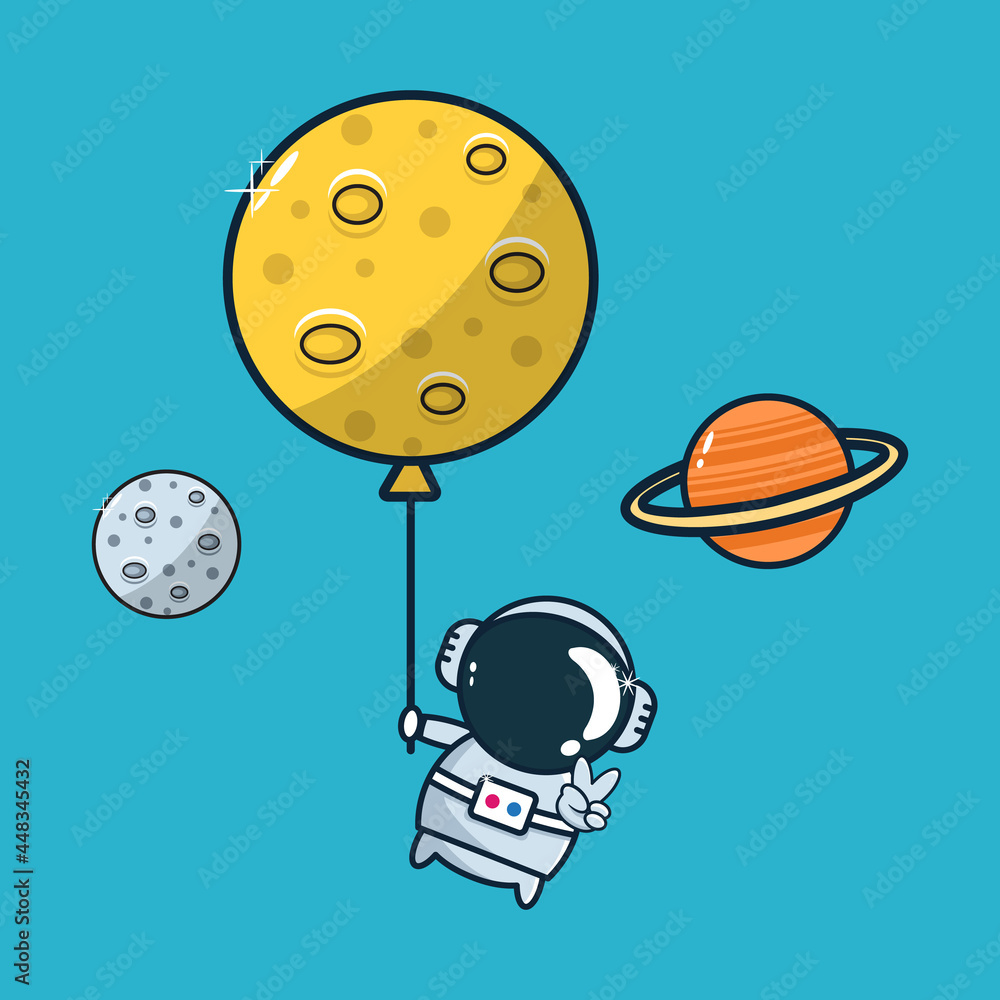 cute astronaut flies with balloon