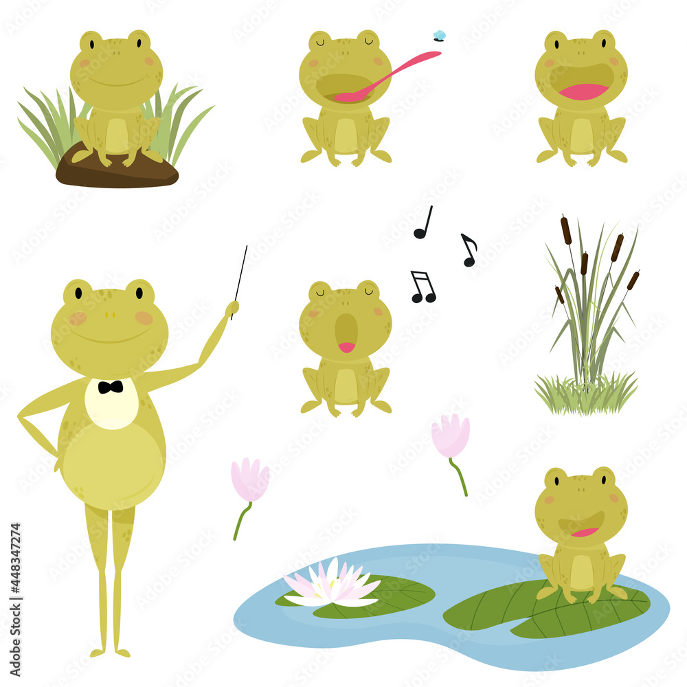 Fototapeta premium Cute cartoon frog with different facial expressions and emotions. Green frog-conductor, chorus of frogs, frog sings